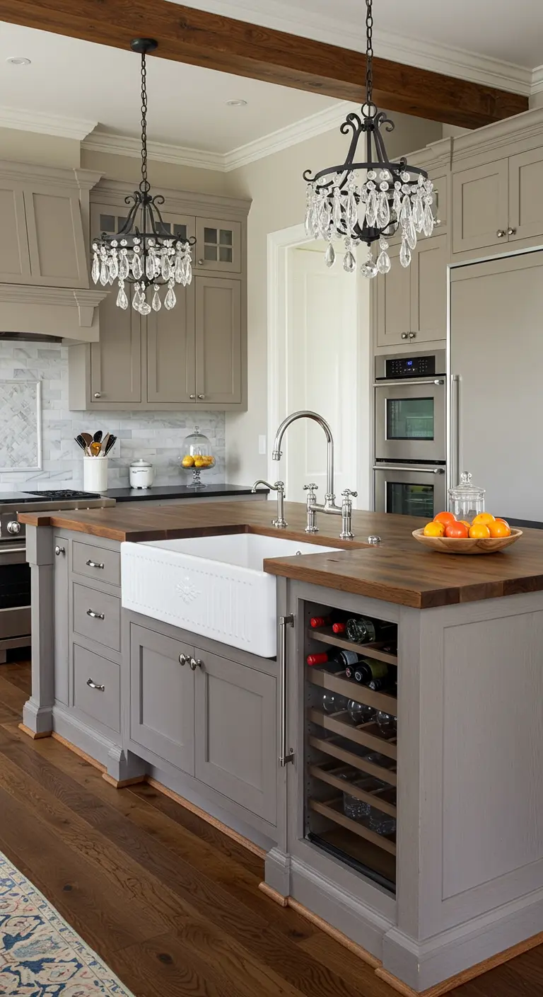 Kitchen with taupe cabinets, a wood-top island, and crystal chandeliers.