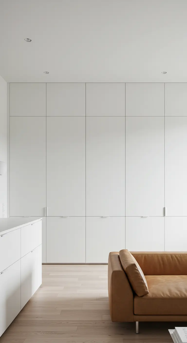 A minimalist living room with a full wall of seamless, handleless white cabinets.