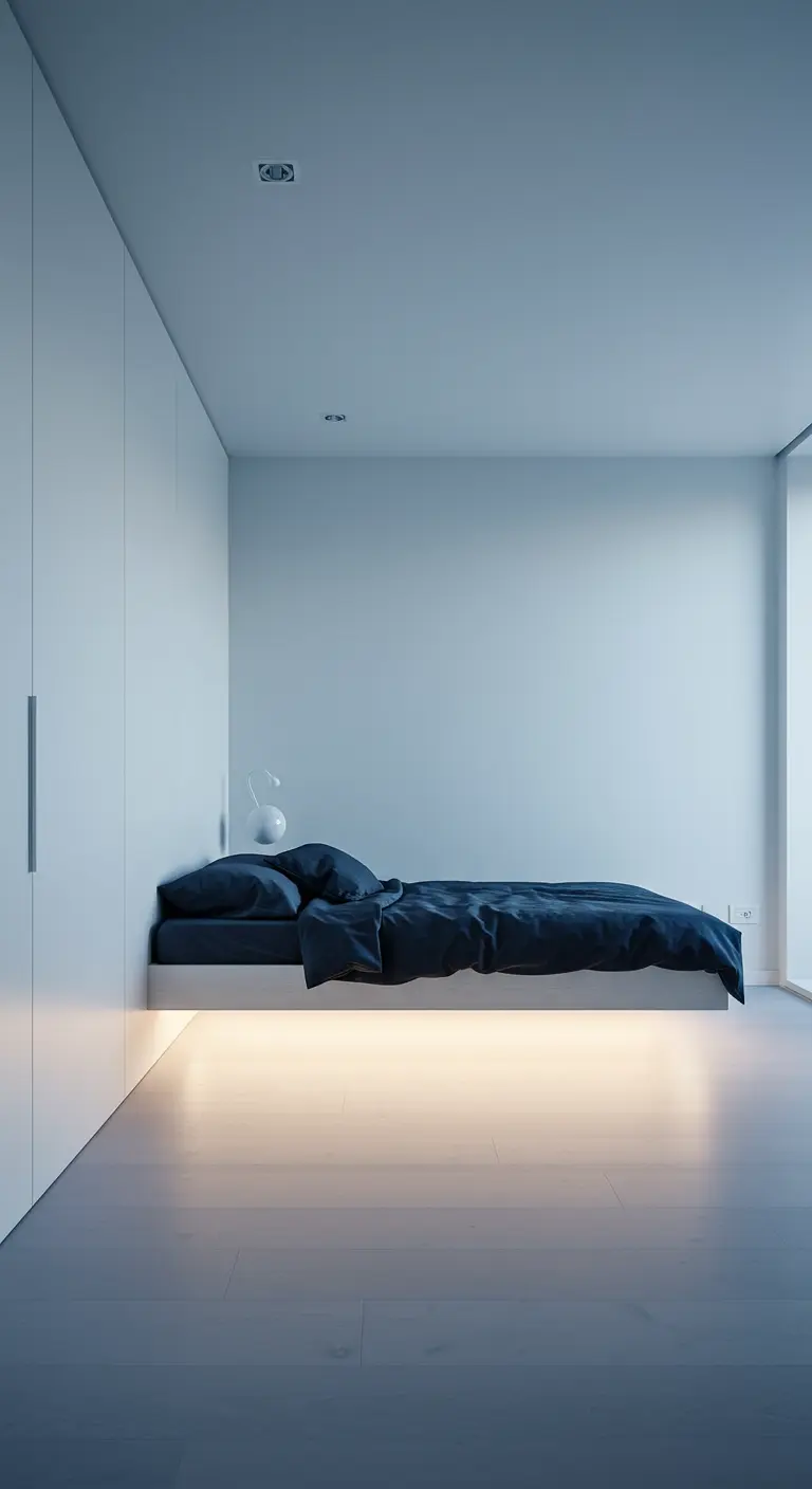 Ultra-minimalist bedroom with a white floating bed illuminated by warm light from underneath.
