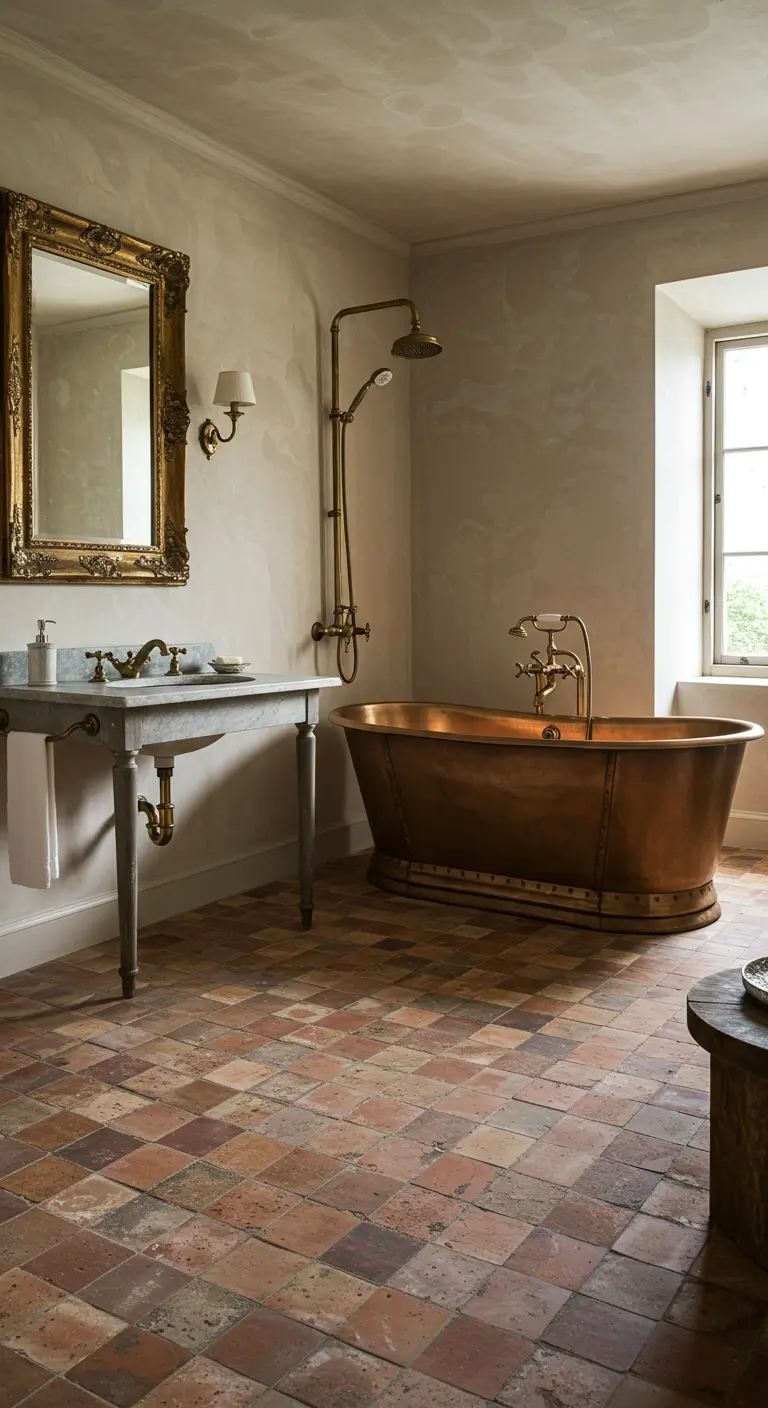 Elegant rustic bathroom with terracotta floor tiles, a copper tub, and brass fixtures.