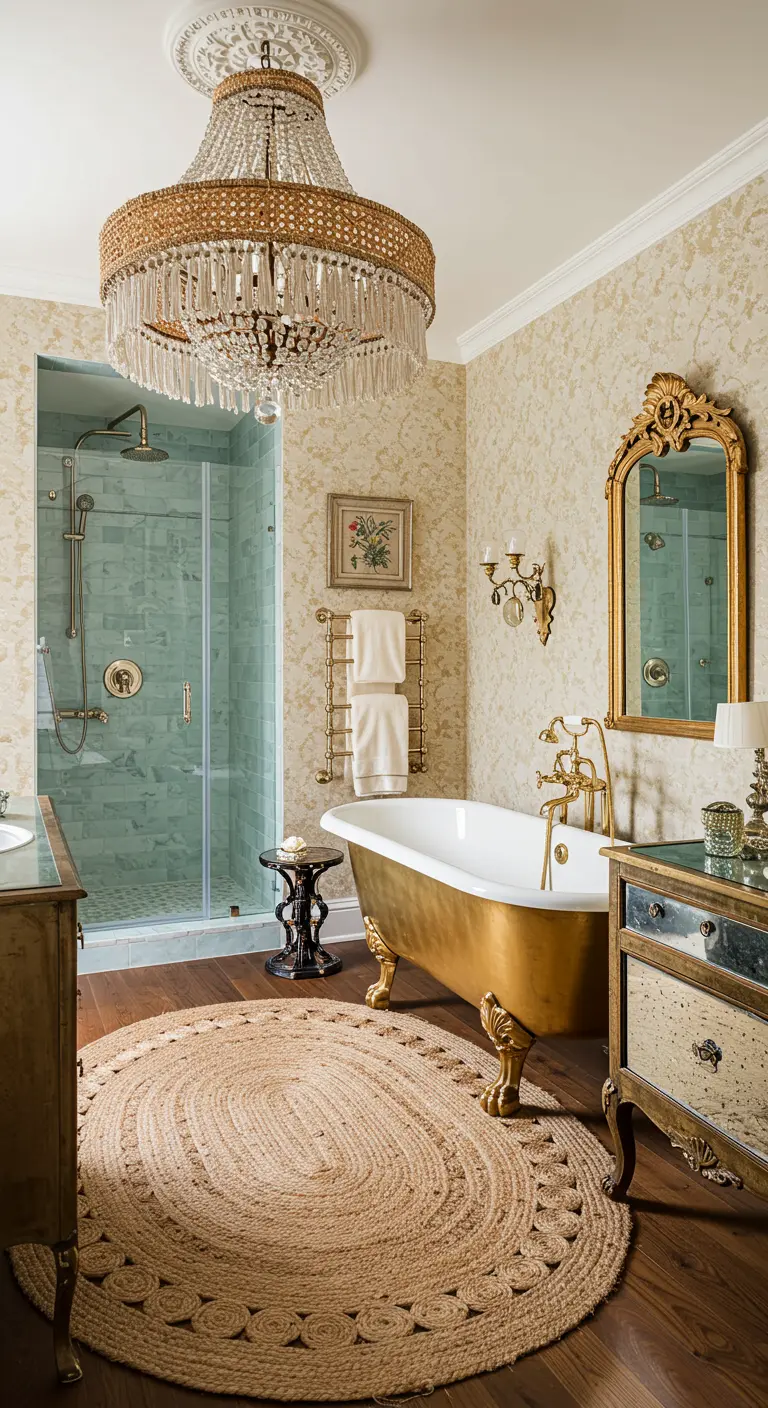 Ornate bathroom with a gold tub and a crystal and rattan chandelier.