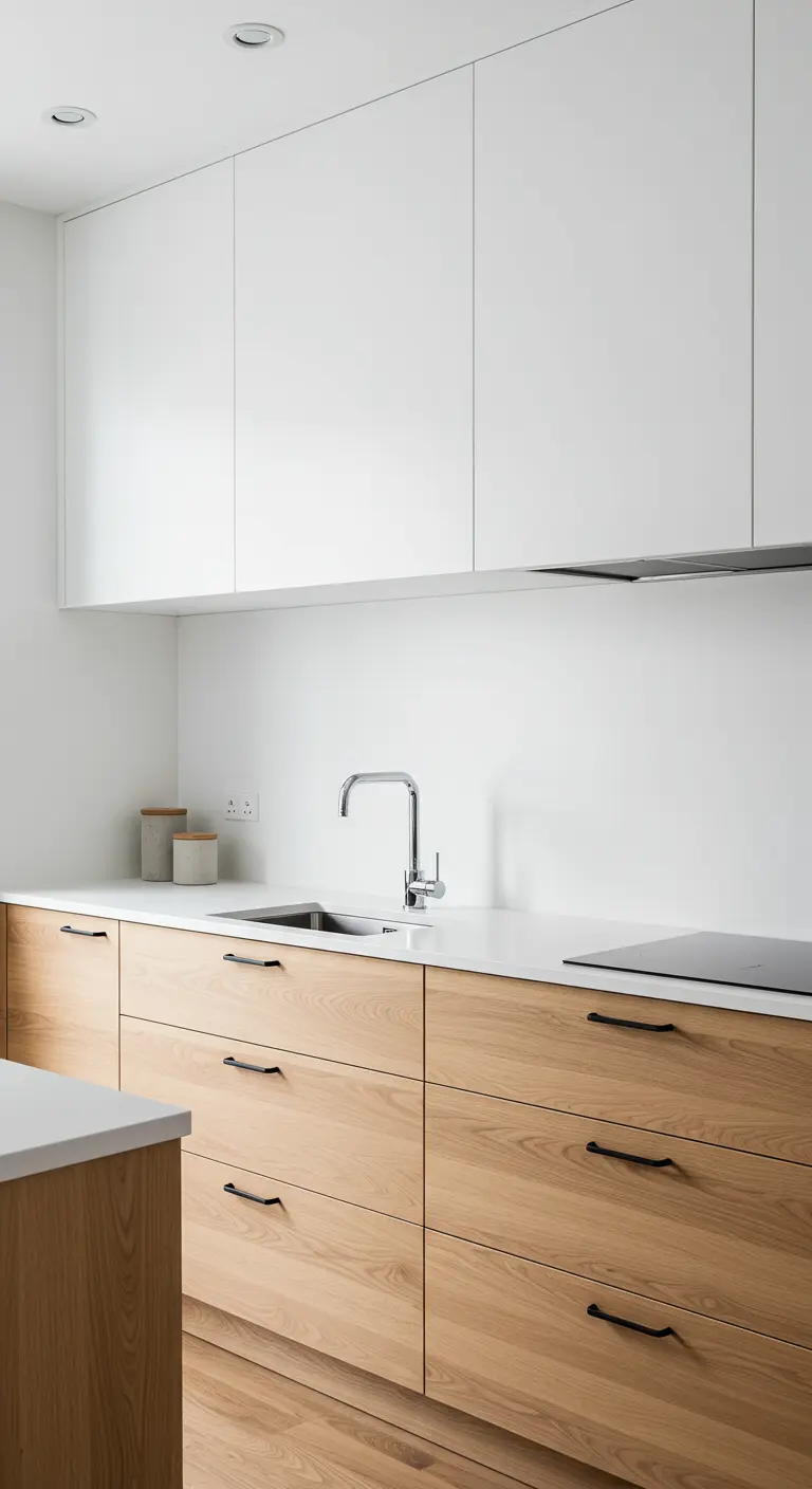 Minimalist kitchen with light wood base cabinets and seamless white upper cabinets.