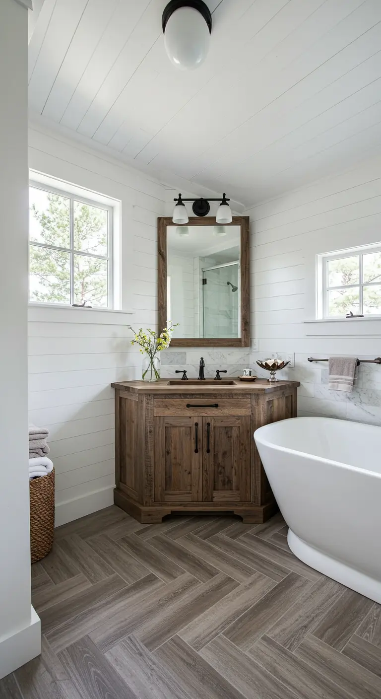 White shiplap bathroom with a corner wood vanity and herringbone tile floors.