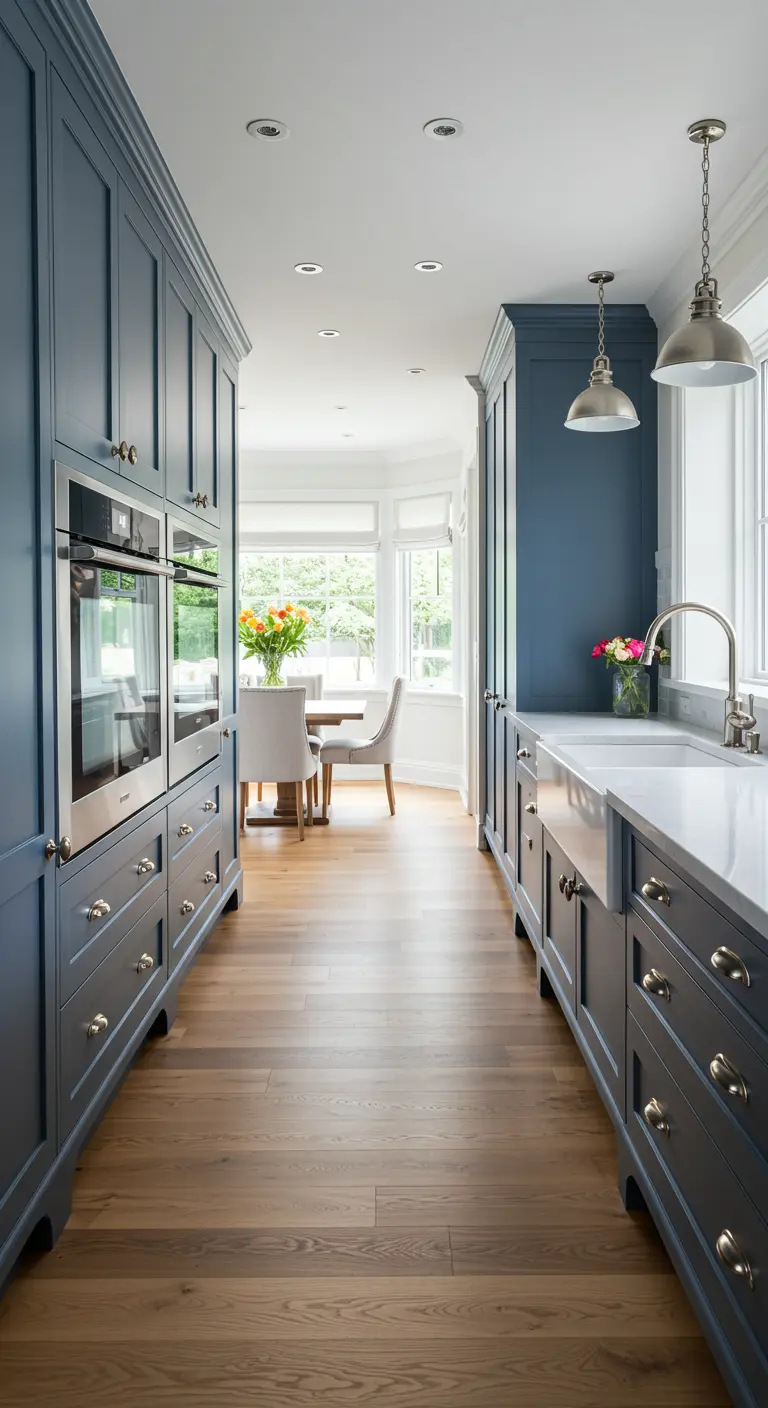 Long galley kitchen with dusty blue-navy cabinets on both sides and light wood flooring.