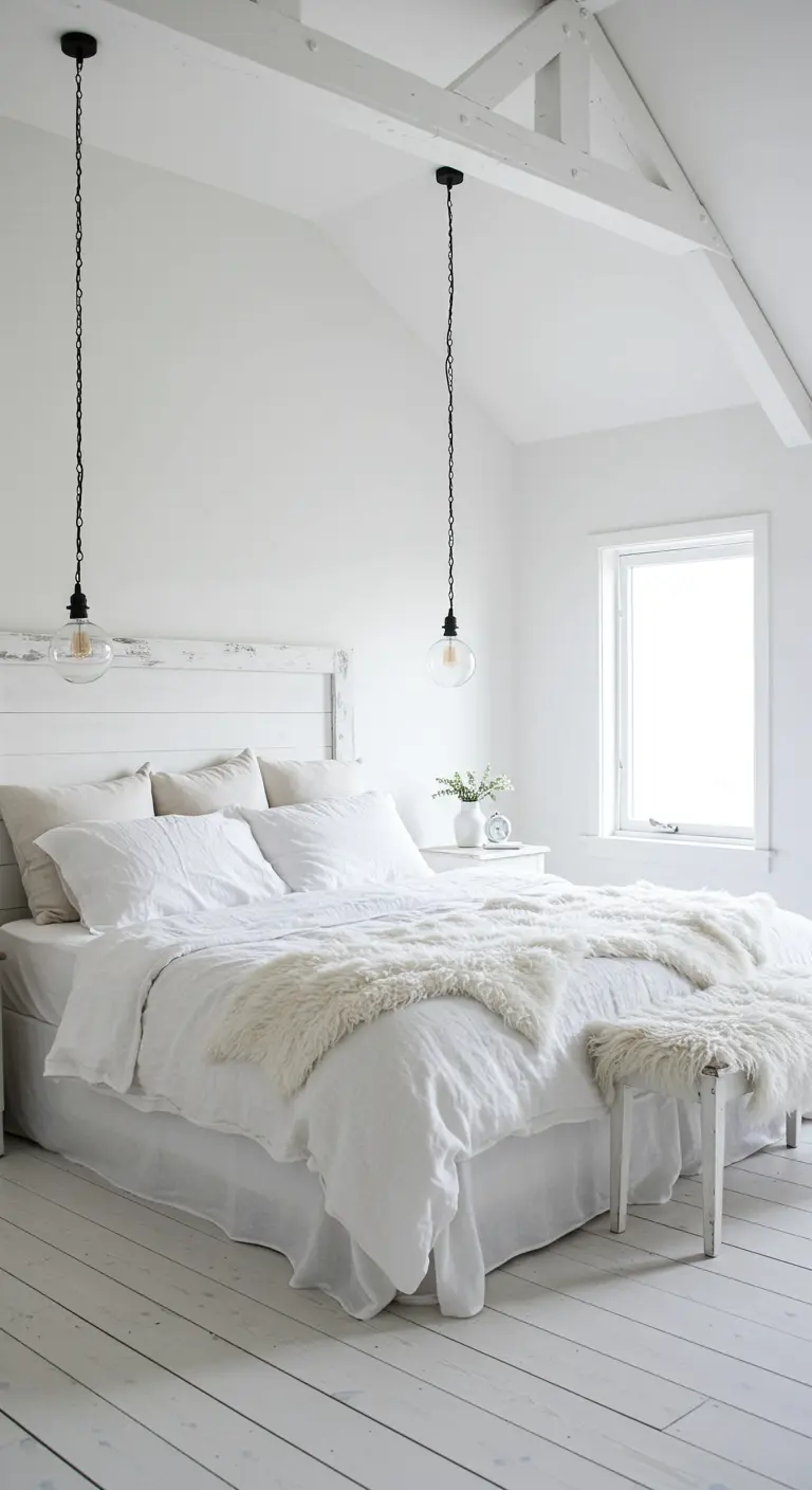 All-white bedroom with layers of linen and sheepskin textures on the bed.