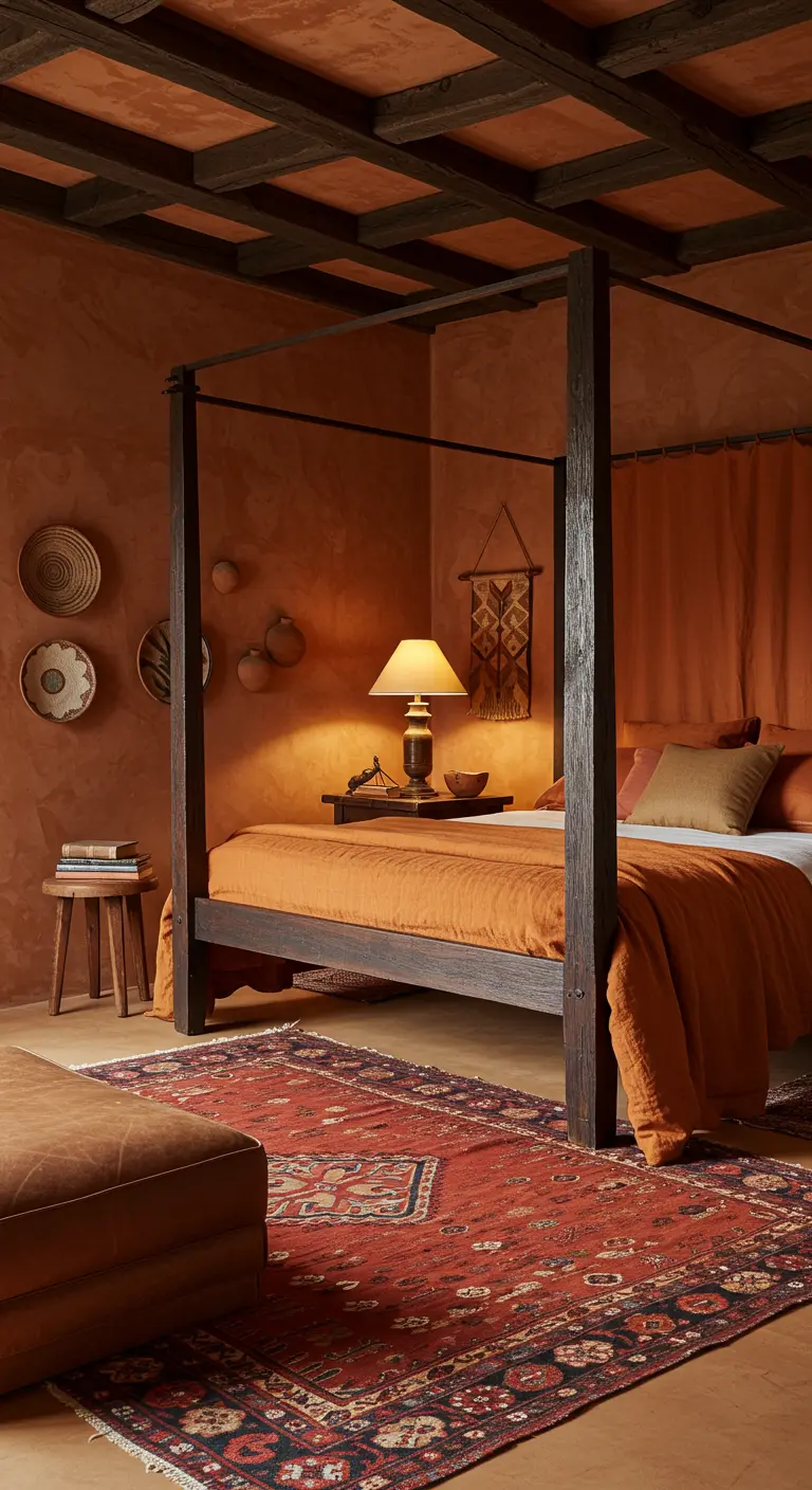 Bedroom with terracotta walls, a dark wood canopy bed, and orange and brown textiles.