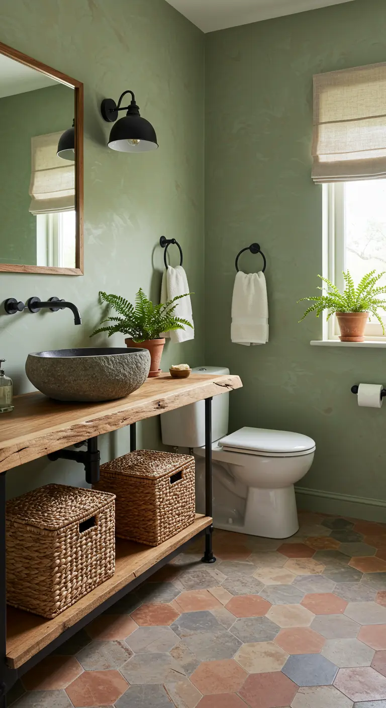 Earthy green bathroom with a live-edge wood vanity, a stone vessel sink, and terracotta hex tiles.