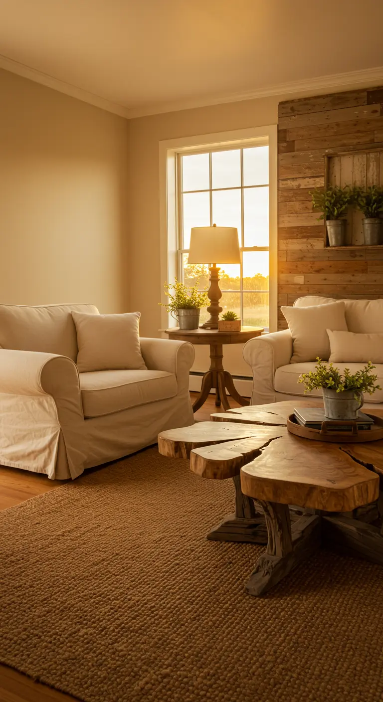 Cozy farmhouse living room at sunset with a reclaimed wood accent wall and jute rug.