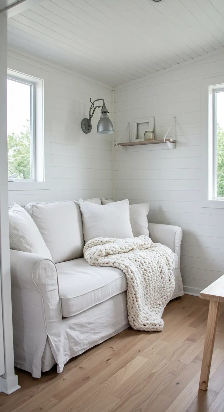 A comfy white slipcovered sofa with a chunky knit throw and an industrial-style wall lamp.