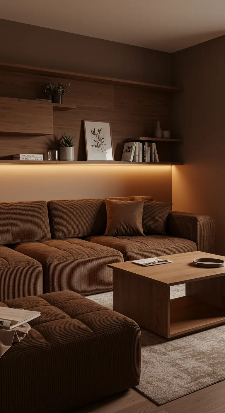 Brown corduroy sectional in front of a wood-paneled wall with a lit shelf.