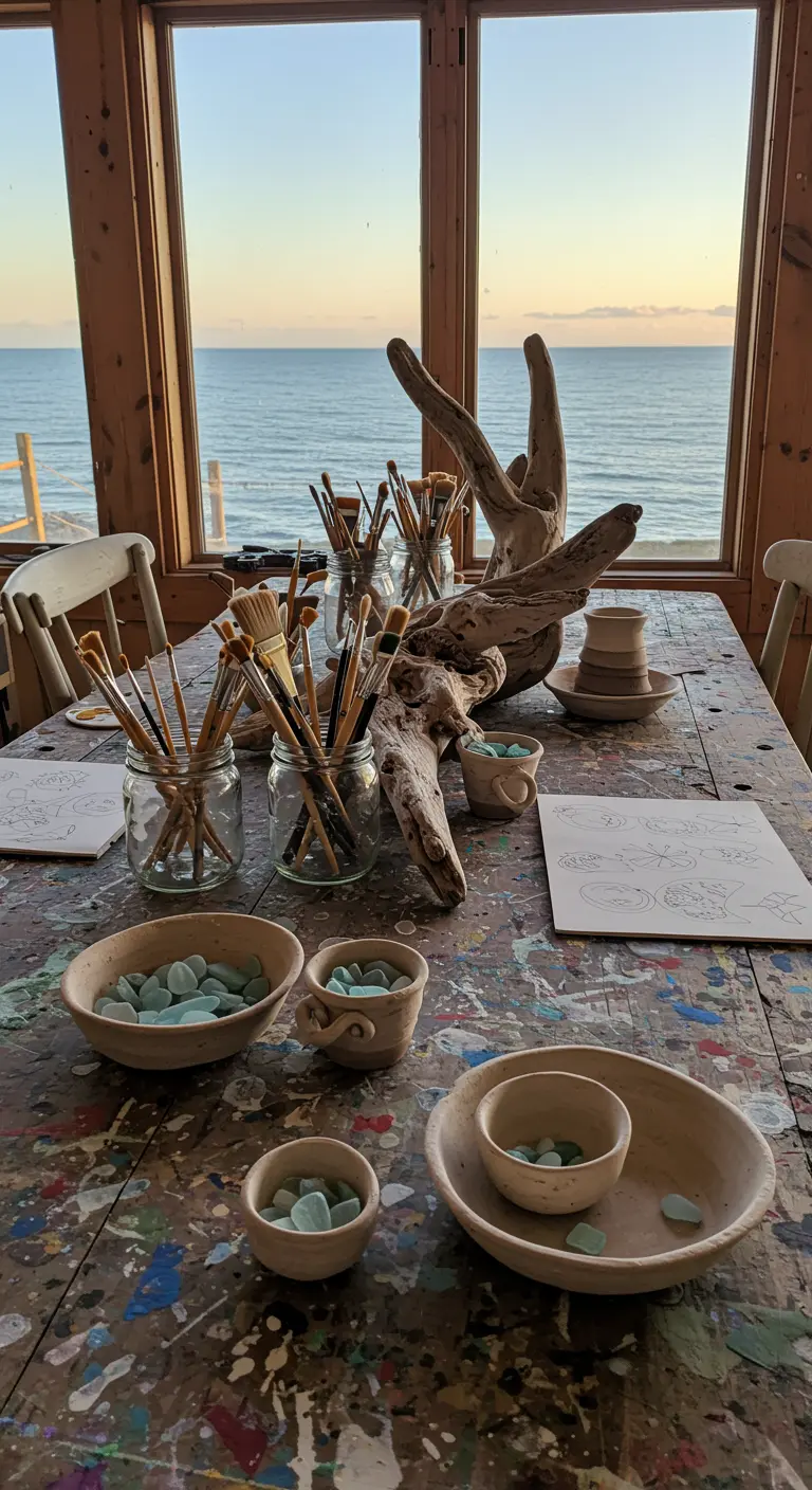 A crafting table set up with driftwood, paintbrushes, and bowls of sea glass.