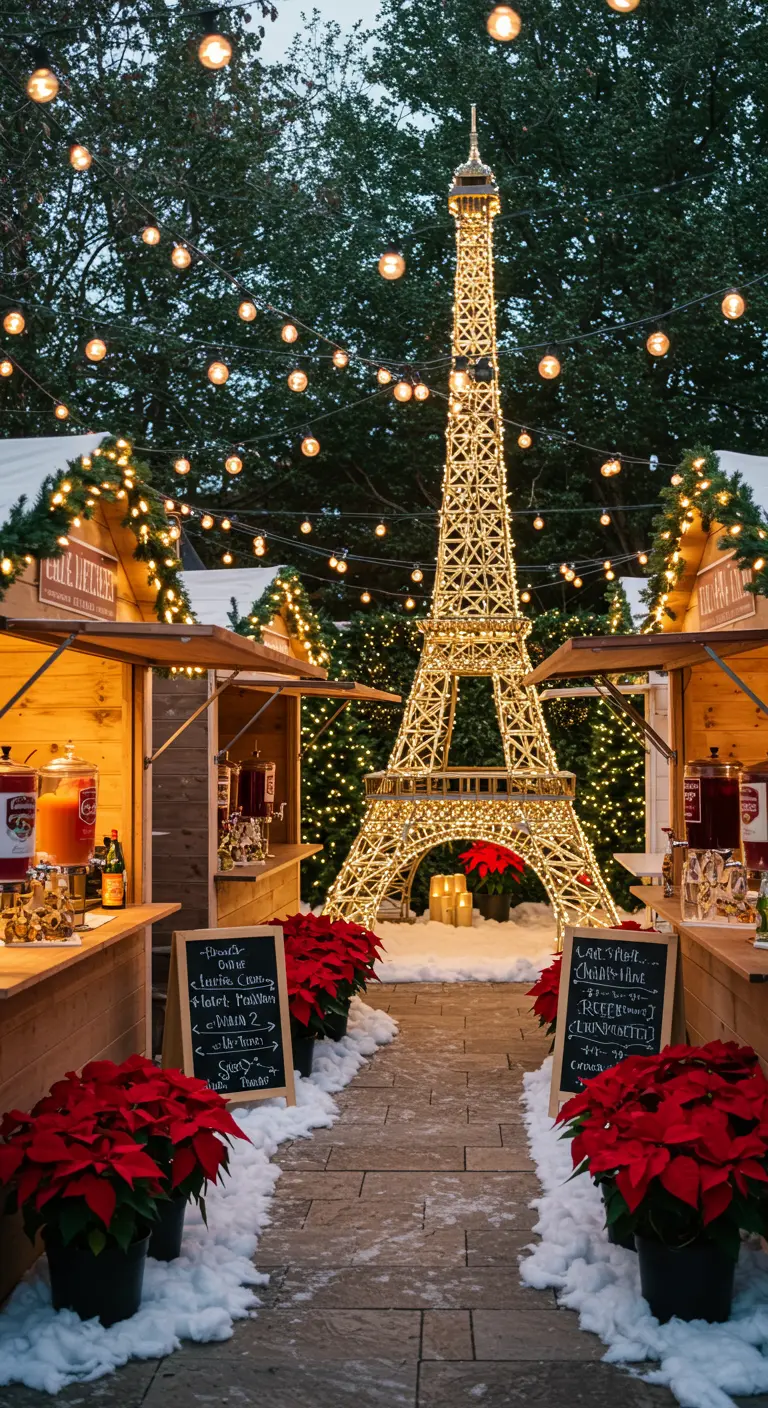 A backyard Christmas market scene with wooden stalls and a large, illuminated Eiffel Tower