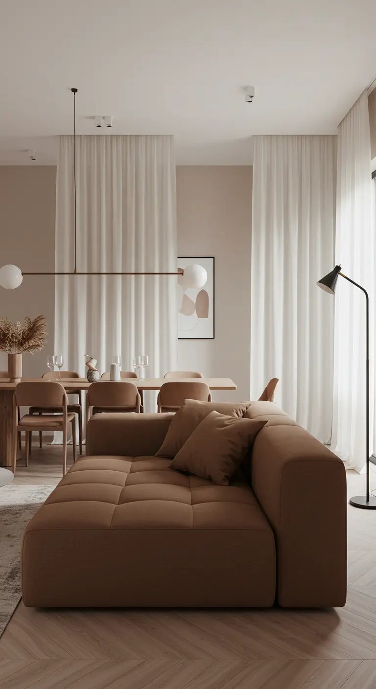 A warm, neutral open-plan space with a brown sectional and curtain room dividers.