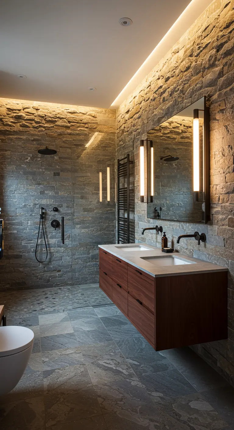 Modern bathroom with a stacked stone wall illuminated by hidden LED lights.