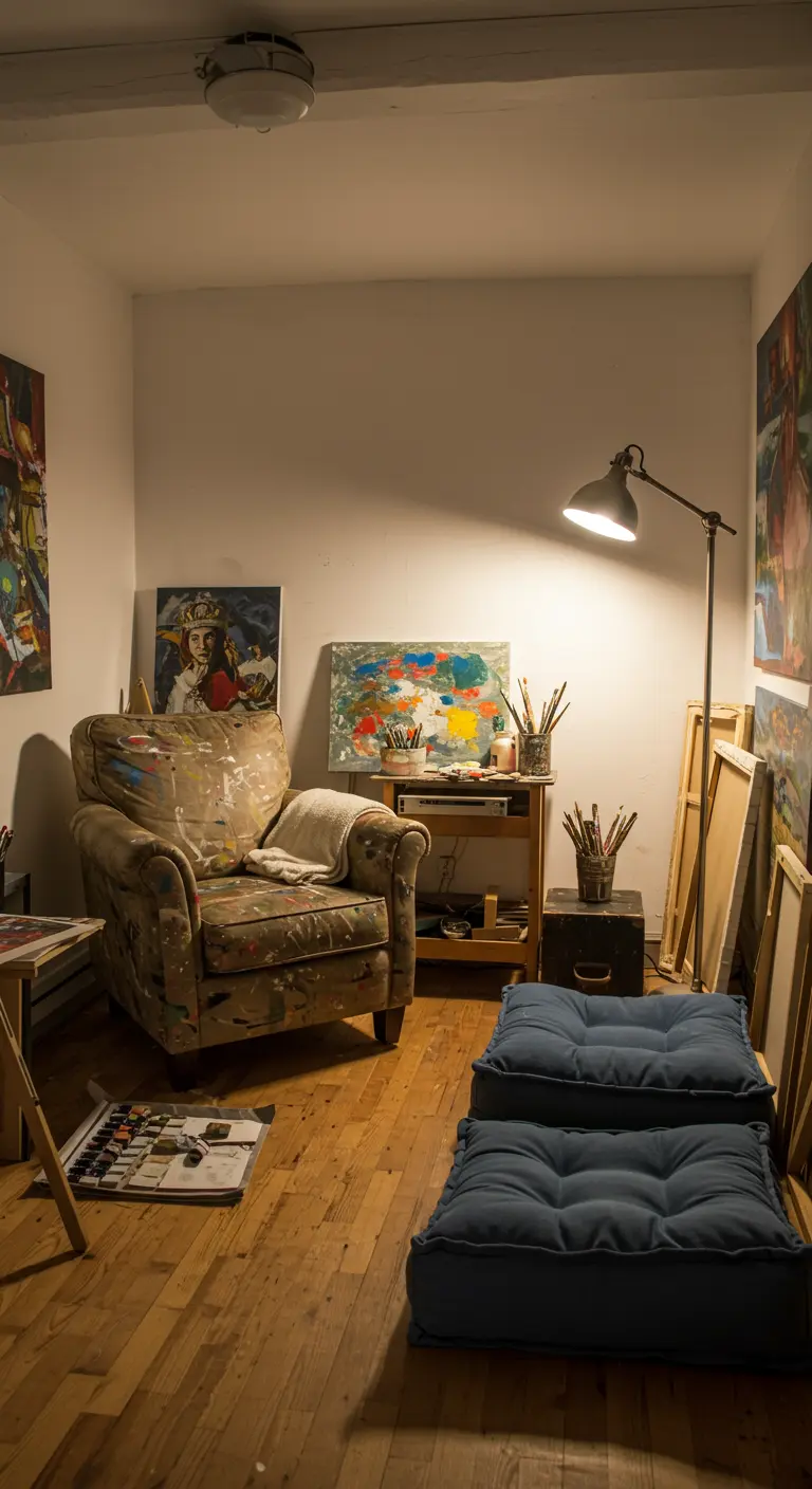 Artist's studio corner with a paint-splattered armchair, a floor lamp, and two large blue floor cushions.