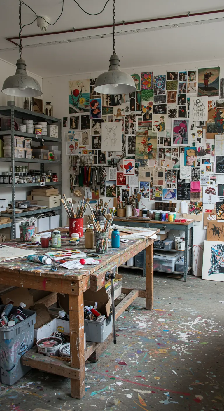 Art studio with paint-splattered floors, work tables, shelves, and a wall completely covered in art and sketches.