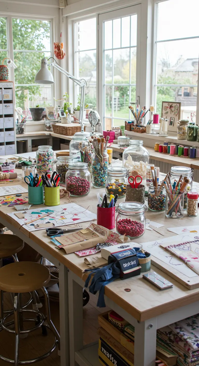 Bright craft studio with tables covered in art supplies, organized in various glass jars and tin cans.