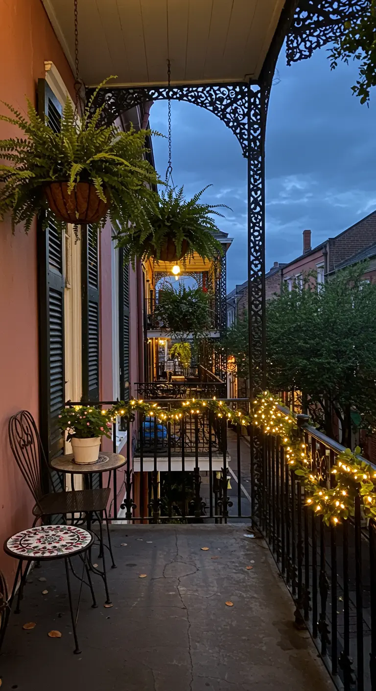A New Orleans style balcony with ornate ironwork, hanging ferns, and warm string lights.