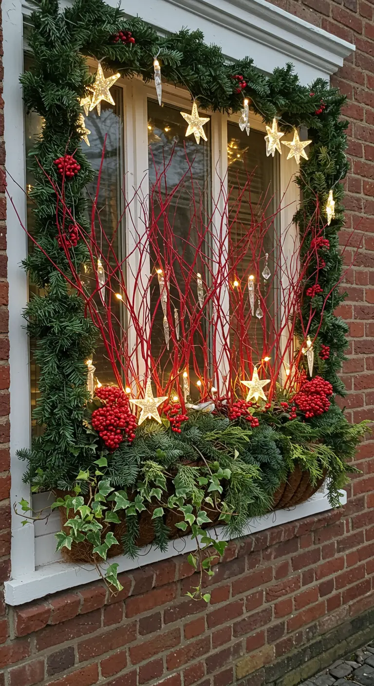 A winter window box filled with evergreens, red branches, berries, and star-shaped lights.