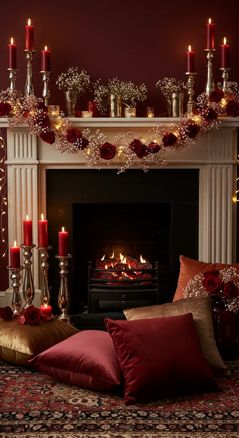 Romantic mantel with a red rose garland and tall silver candelabras with red candles.