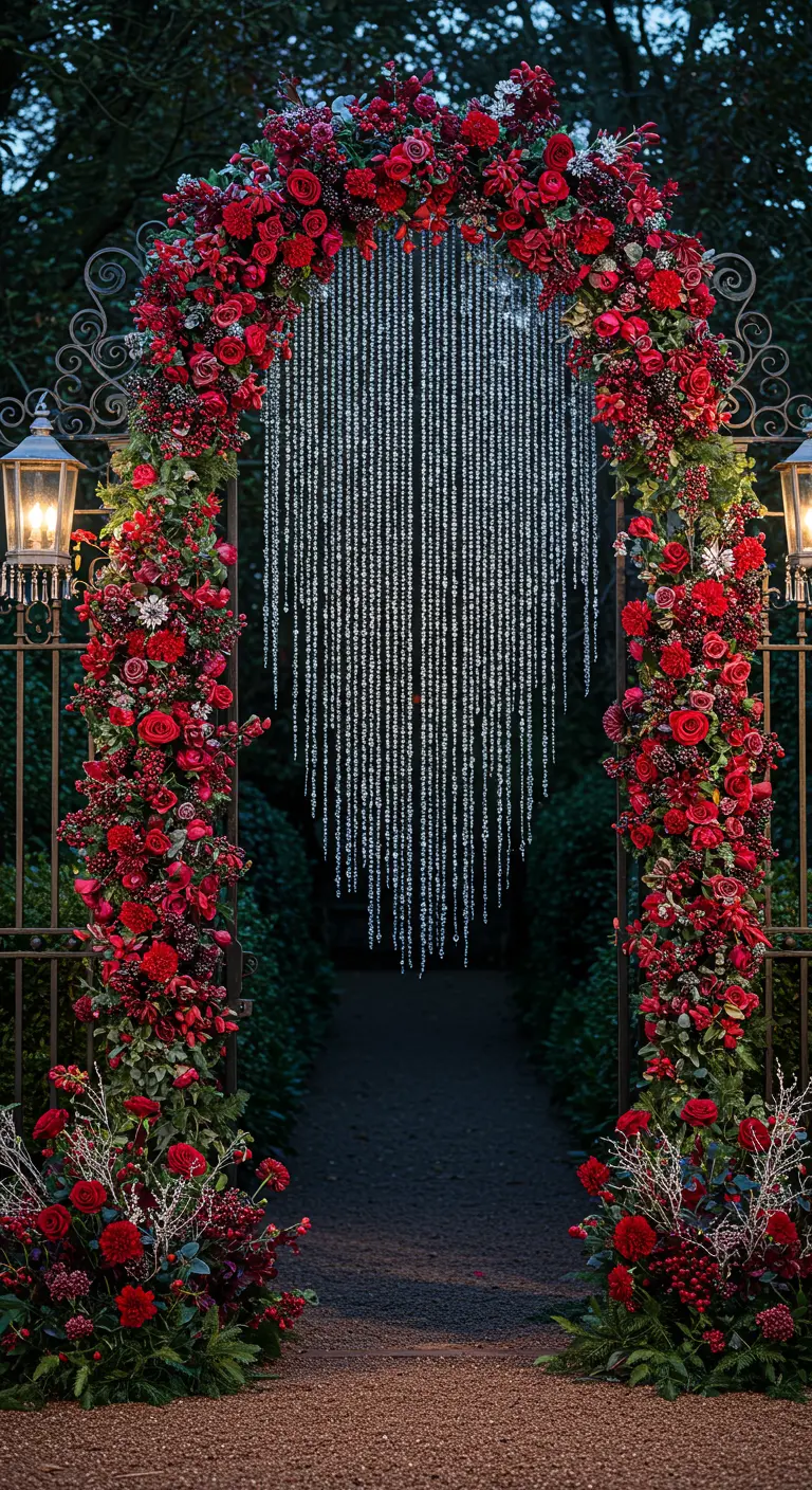 An ornate metal gate framed by a lush arch of red flowers, with a curtain of crystals hanging in the center.