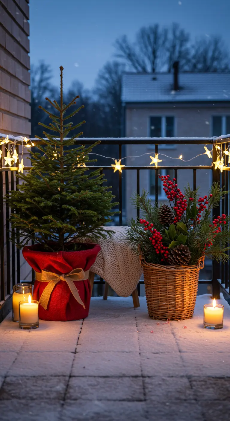 A small Christmas tree in a red wrapped planter next to a basket of evergreens and candles on a snowy balcony.