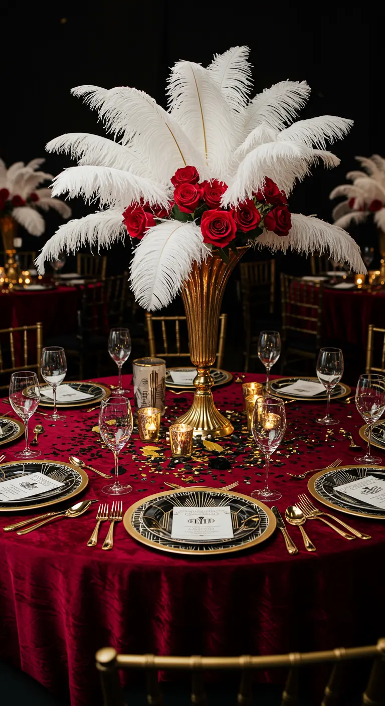 Roaring Twenties tablescape with red velvet, white feathers, and gold details.
