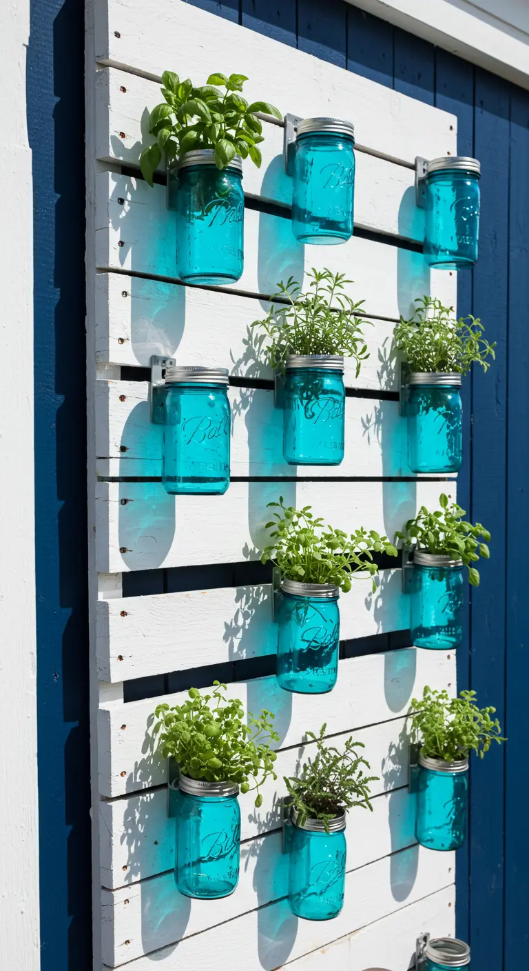 A whitewashed pallet holding blue mason jars with herbs is mounted on a bright navy blue wall.