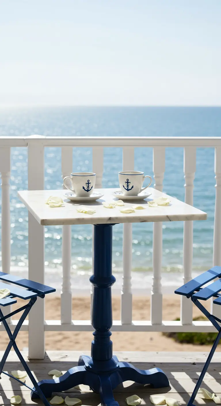 A white marble bistro table with a blue base on a deck overlooking the ocean.