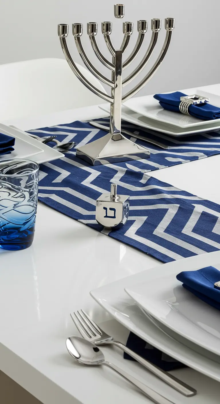 A modern Hanukkah table with a blue and white chevron runner, square plates, and a sleek menorah.
