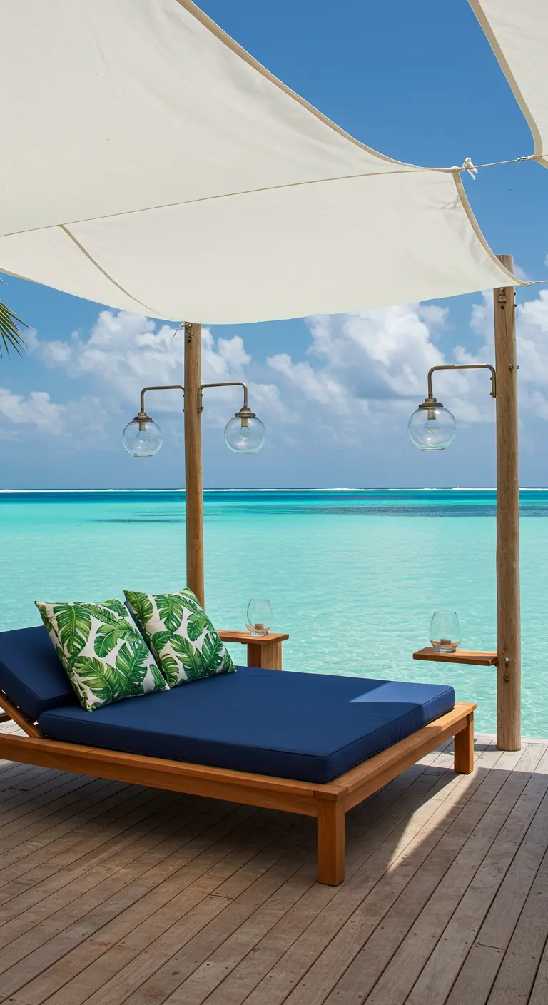 Modern teak daybed with navy cushions and palm leaf pillows on an ocean-view deck.