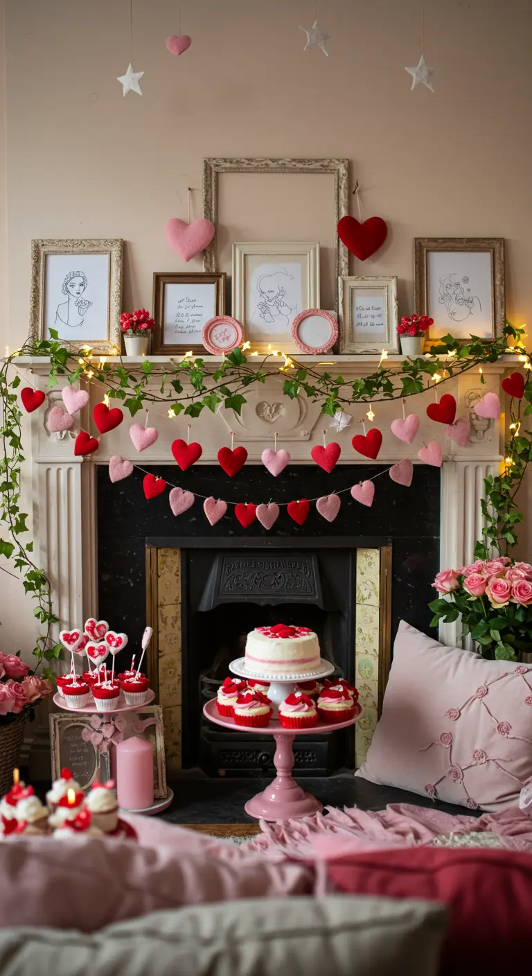 Valentine's mantel with a felt heart garland, ivy, and line art prints.