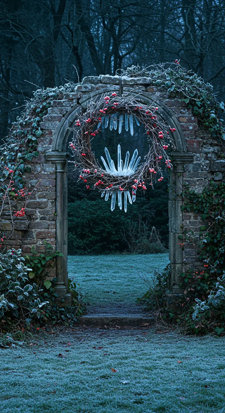 A rustic stone arch in a frosty garden, adorned with a large wreath of branches, berries, and large crystals.