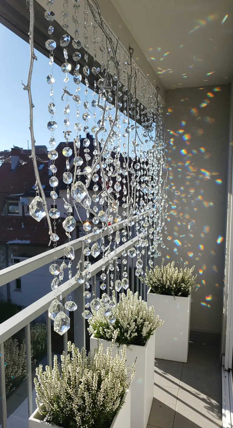 A curtain of hanging crystals suspended from branches on a sunny balcony, creating rainbows.