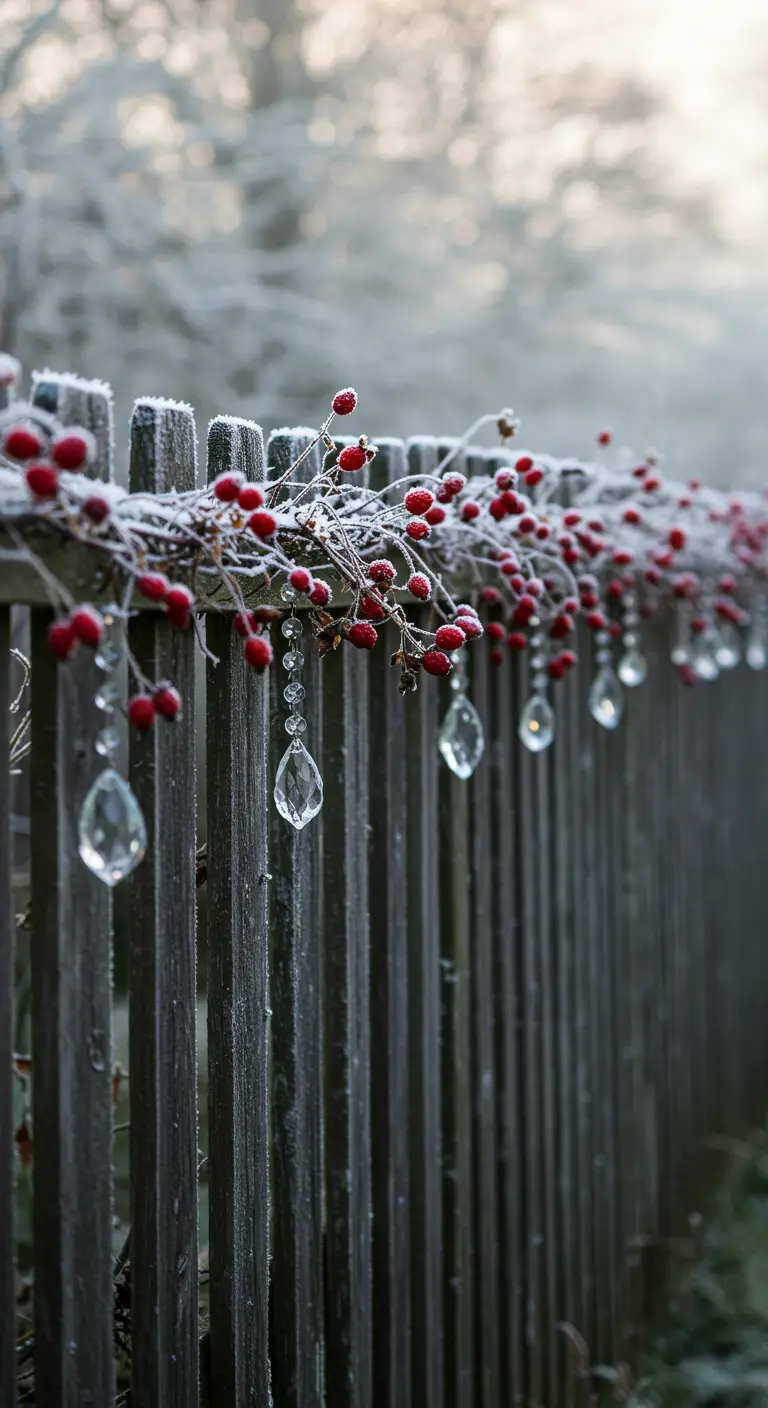A rustic wooden fence in the fog, adorned with a garland of red berries and hanging crystal drops.