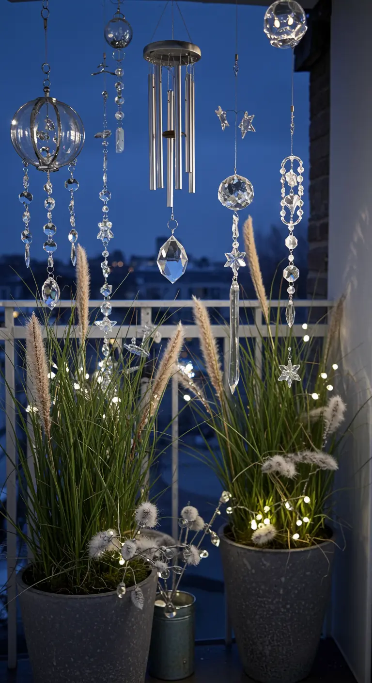 Balcony with hanging crystals, wind chimes, and illuminated ornamental grasses.