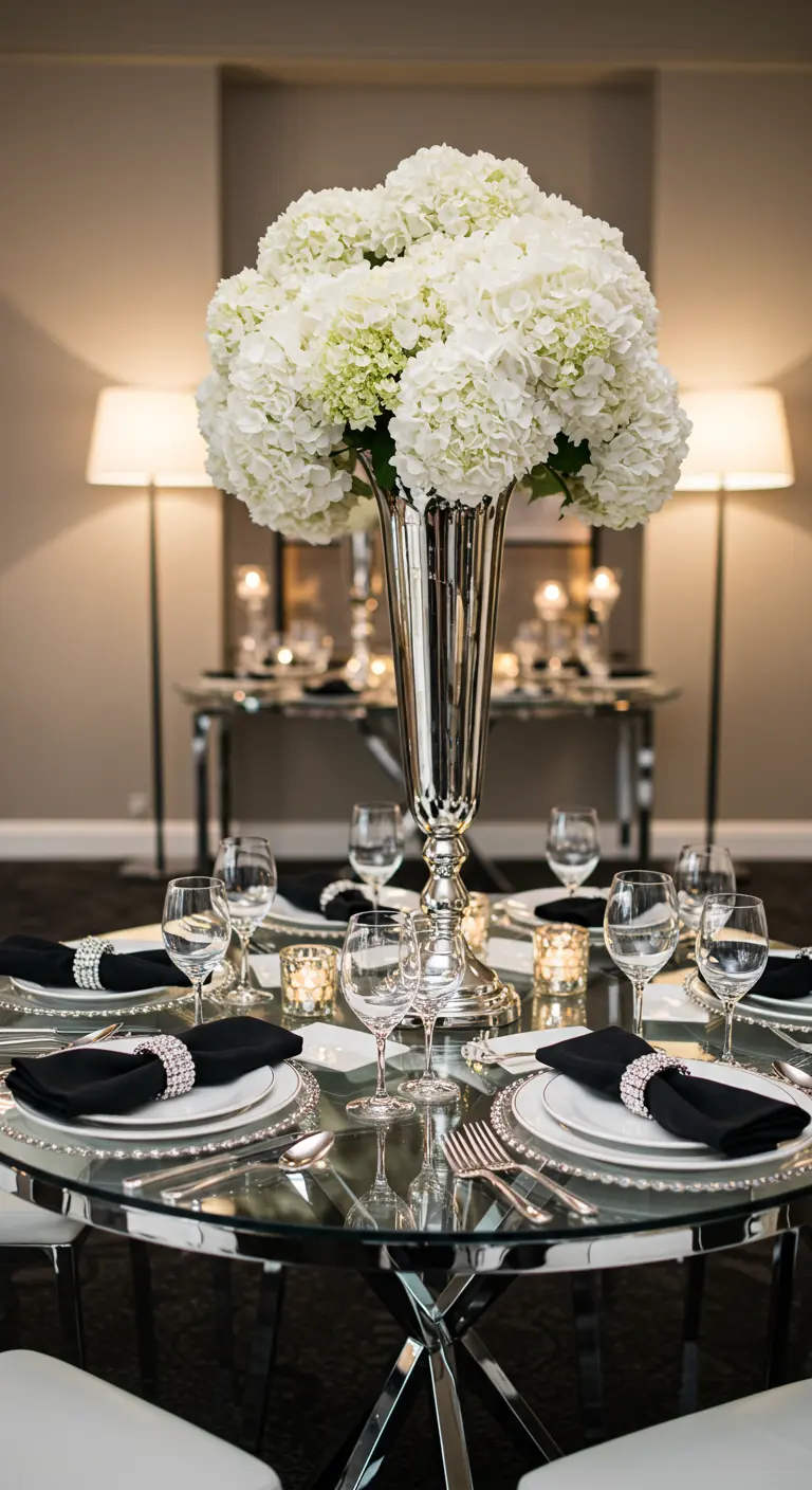 Elegant round glass table with a large white hydrangea centerpiece and crystal accents.
