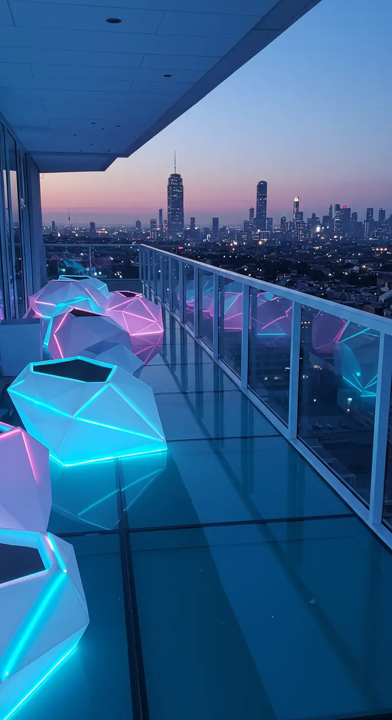 Geometric, glowing planters in blue and pink on a glass-floored balcony overlooking a city.