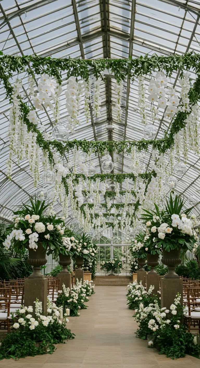 A greenhouse wedding aisle with hanging garlands and cascading white orchids from the ceiling.
