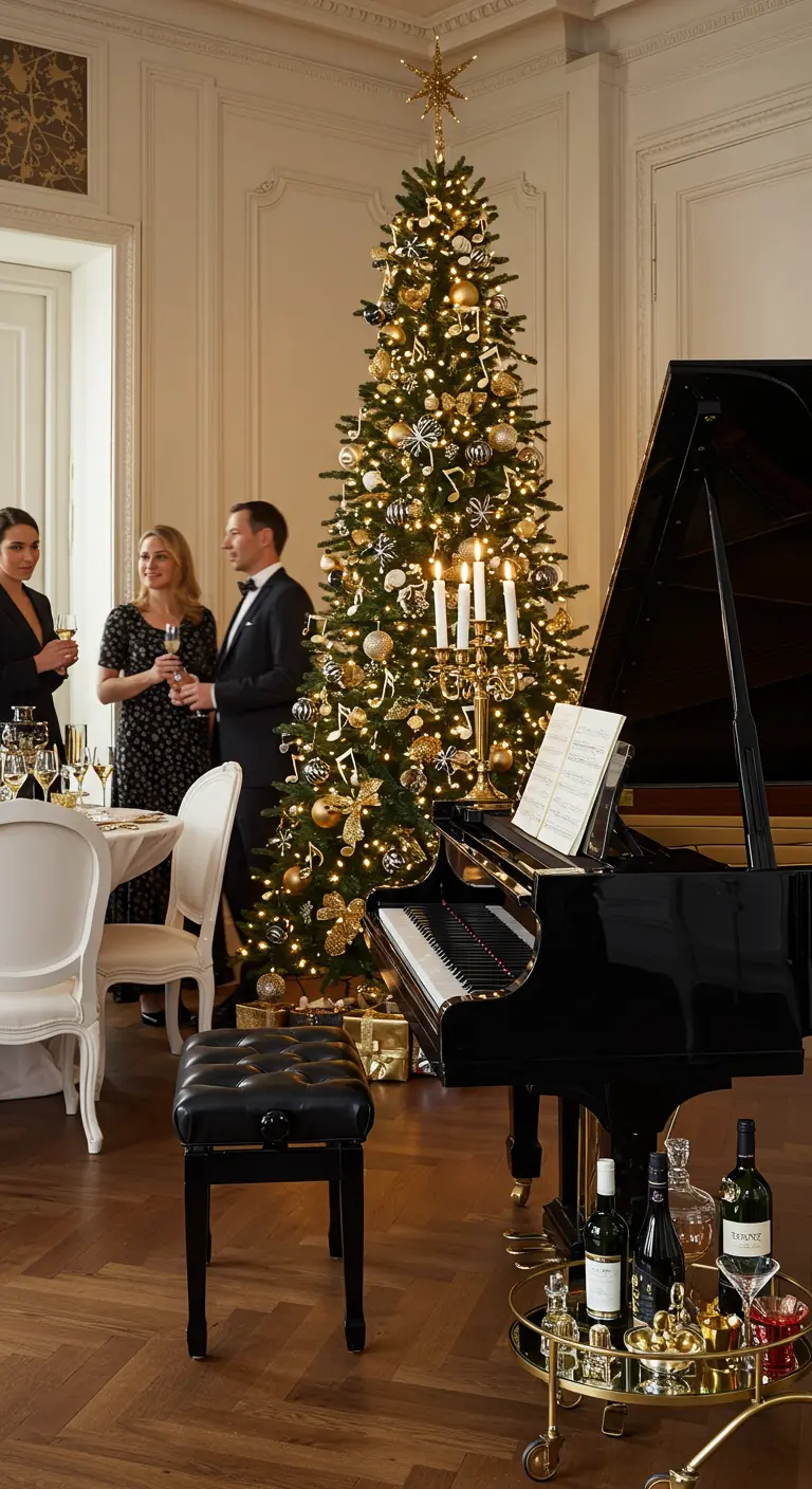 Elegant party scene with a grand piano next to a decorated Christmas tree.
