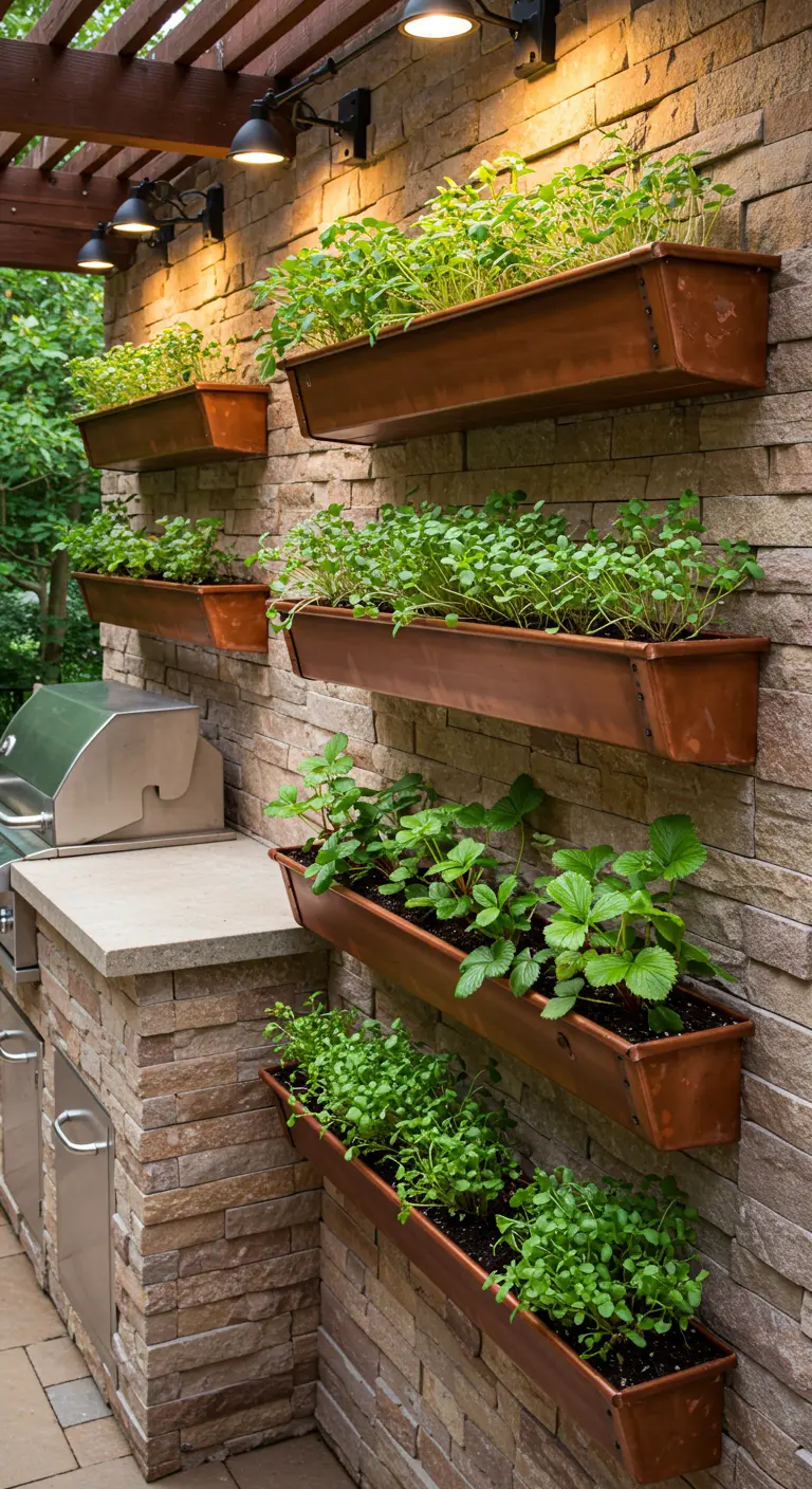 Copper planters with greens and strawberries on an outdoor kitchen stone wall