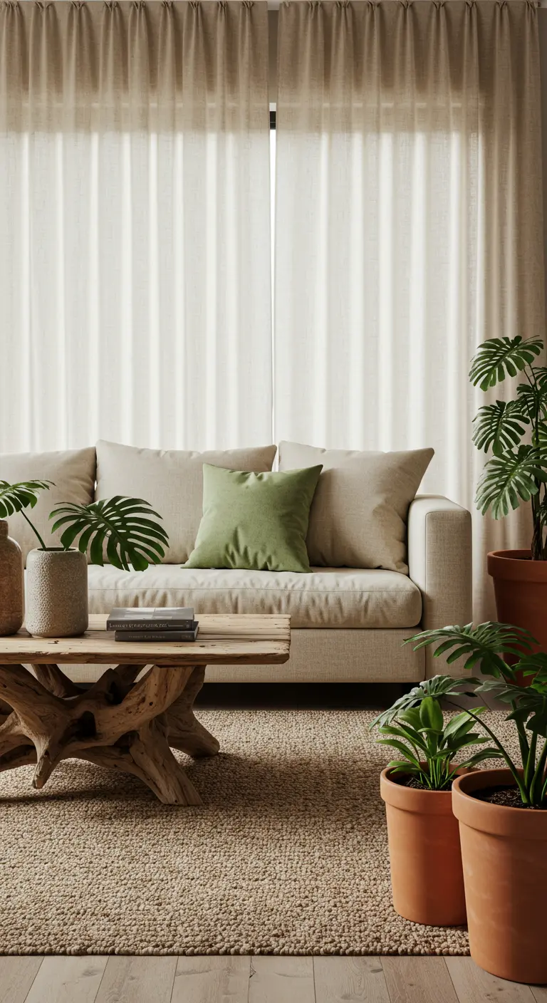 Neutral coastal living room filled with houseplants in terracotta pots.