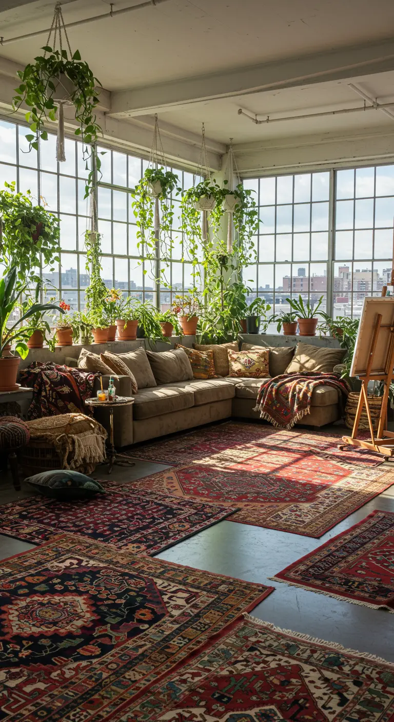 Bohemian loft filled with hanging plants and layered vintage rugs on a concrete floor.