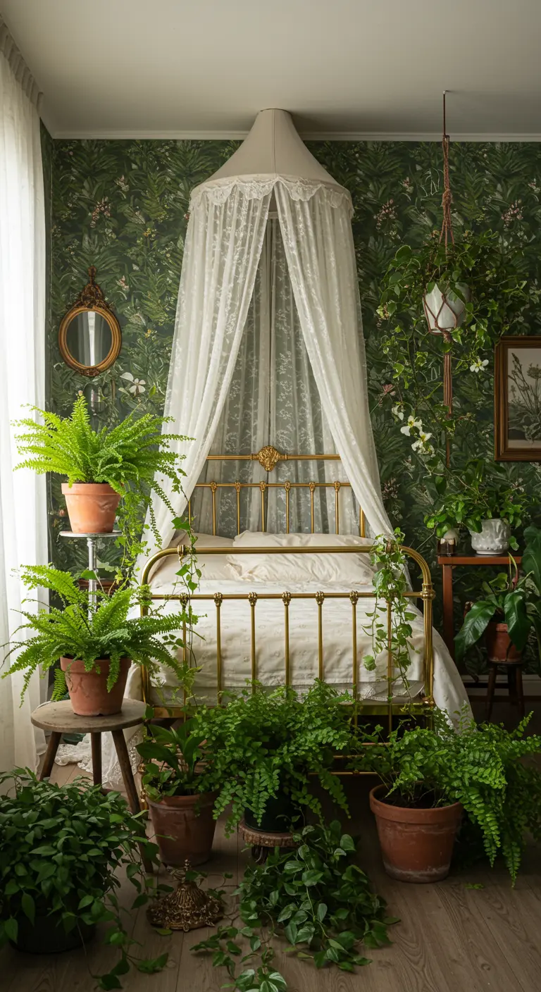 Bedroom filled with potted plants and ferns, with a brass bed, lace canopy, and green botanical wallpaper.