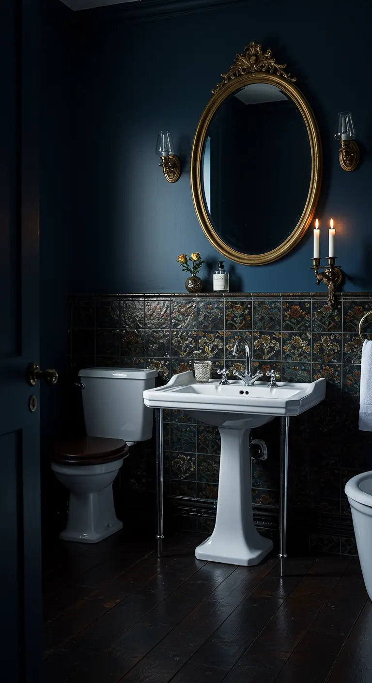 Dark blue bathroom with a gold oval mirror and candle-style wall sconces.