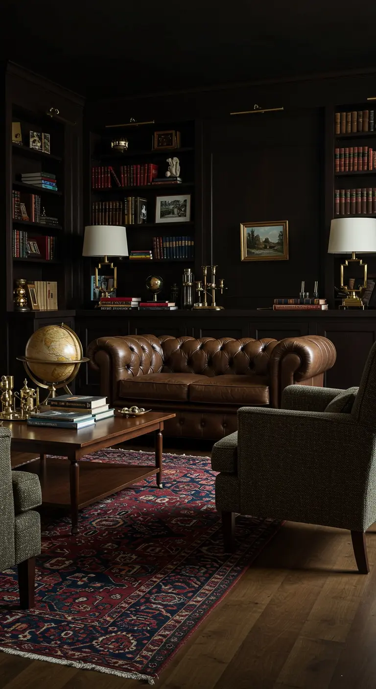 Traditional library with dark wood built-ins, a leather Chesterfield, and a red patterned rug.