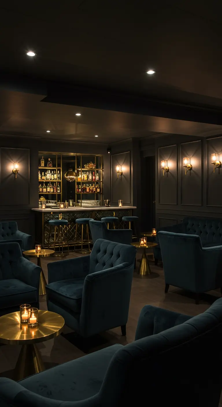 A moody lounge with multiple teal velvet armchairs arranged for conversation around small brass tables.