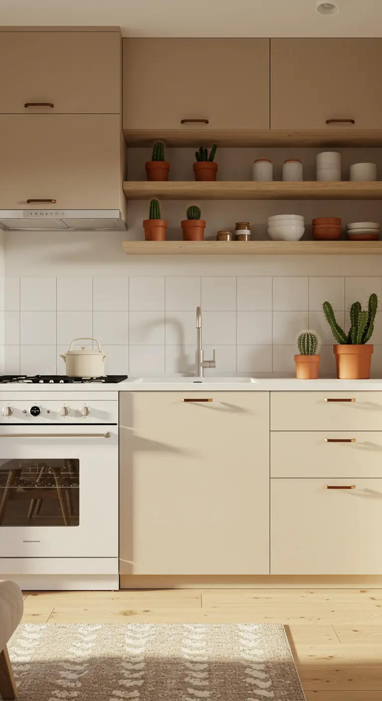 A kitchen with warm beige cabinets, wood shelves, and small potted cacti on display.