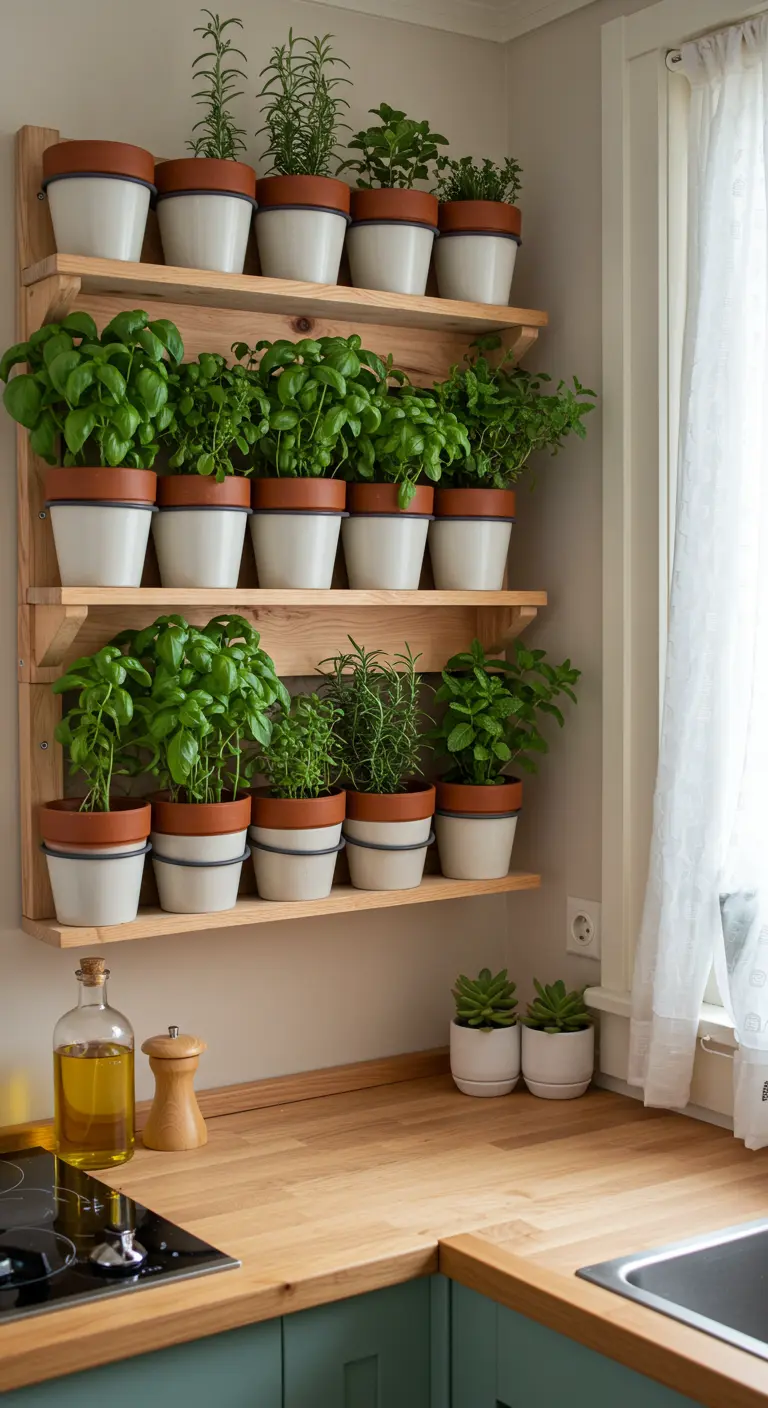 A kitchen corner with three tiers of wooden shelves holding a fresh herb garden in pots.