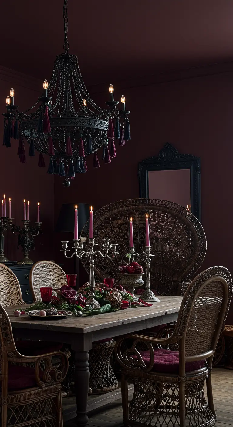 Moody, dark red dining room with a black iron chandelier and peacock chairs.